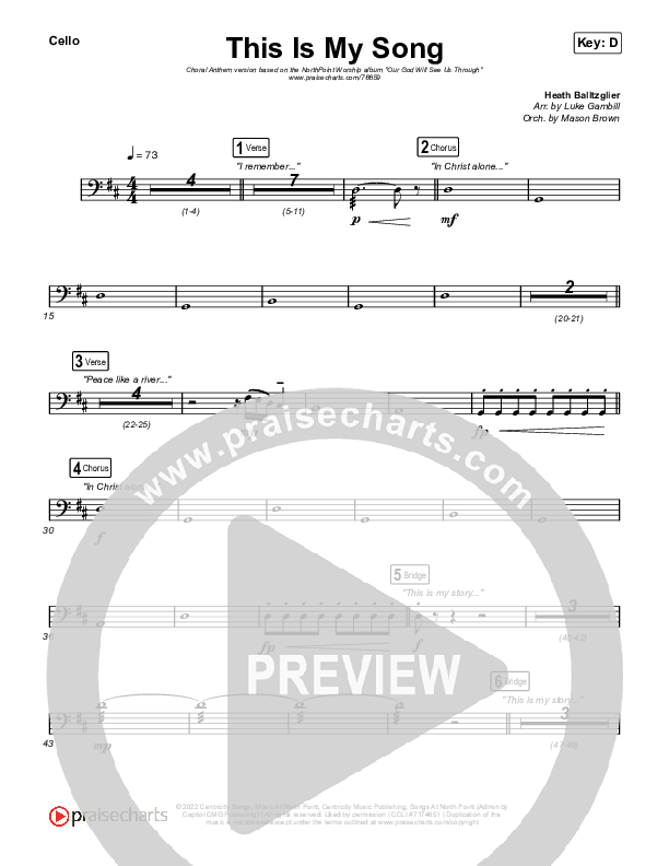 This Is My Song (Choral Anthem SATB) Cello (North Point Worship / Arr. Luke Gambill)