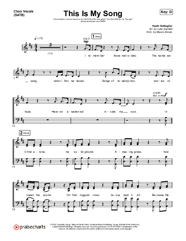 This Is My Song (Choral Anthem SATB) Choir Sheet (SATB) (North Point Worship / Arr. Luke Gambill)