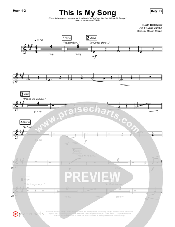 This Is My Song (Choral Anthem SATB) French Horn 1,2 (North Point Worship / Arr. Luke Gambill)