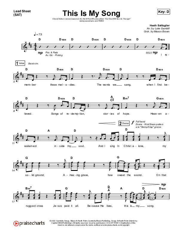 This Is My Song (Choral Anthem SATB) Lead Sheet (SAT) (North Point Worship / Arr. Luke Gambill)