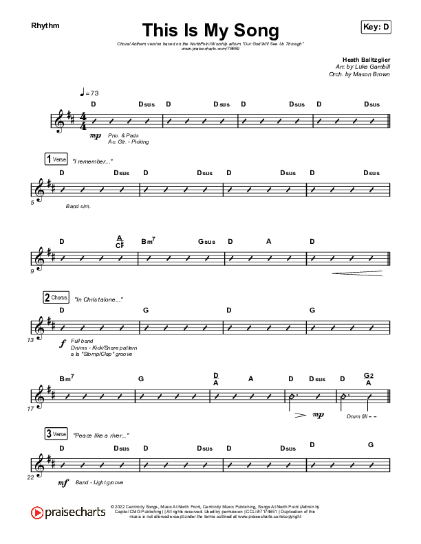 This Is My Song (Choral Anthem SATB) Rhythm Chart (North Point Worship / Arr. Luke Gambill)