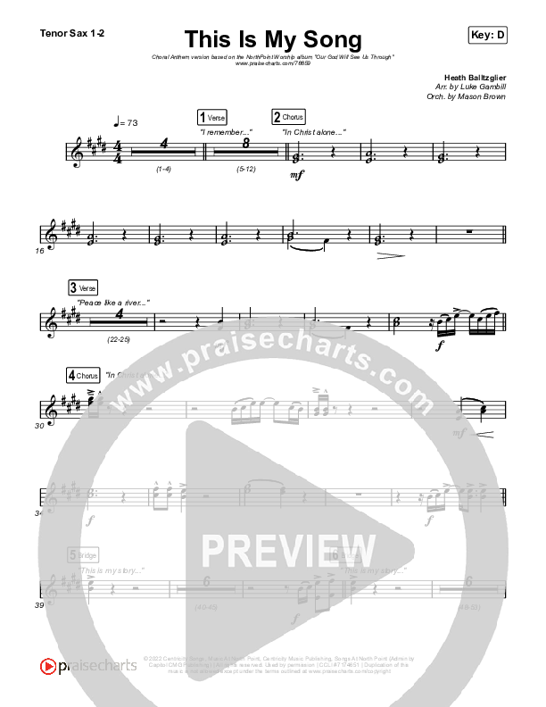 This Is My Song (Choral Anthem SATB) Tenor Sax 1,2 (North Point Worship / Arr. Luke Gambill)