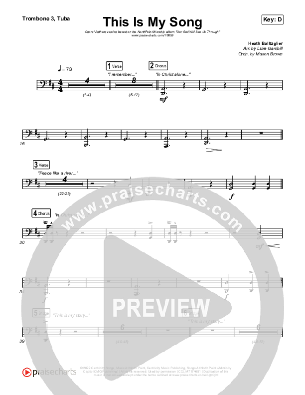 This Is My Song (Choral Anthem SATB) Trombone 1,2 (North Point Worship / Arr. Luke Gambill)