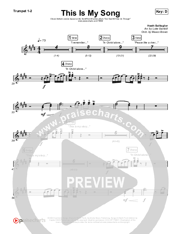 This Is My Song (Choral Anthem SATB) Trumpet 1,2 (North Point Worship / Arr. Luke Gambill)