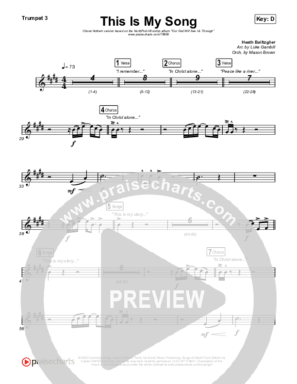 This Is My Song (Choral Anthem SATB) Trumpet 1,2 (North Point Worship / Arr. Luke Gambill)