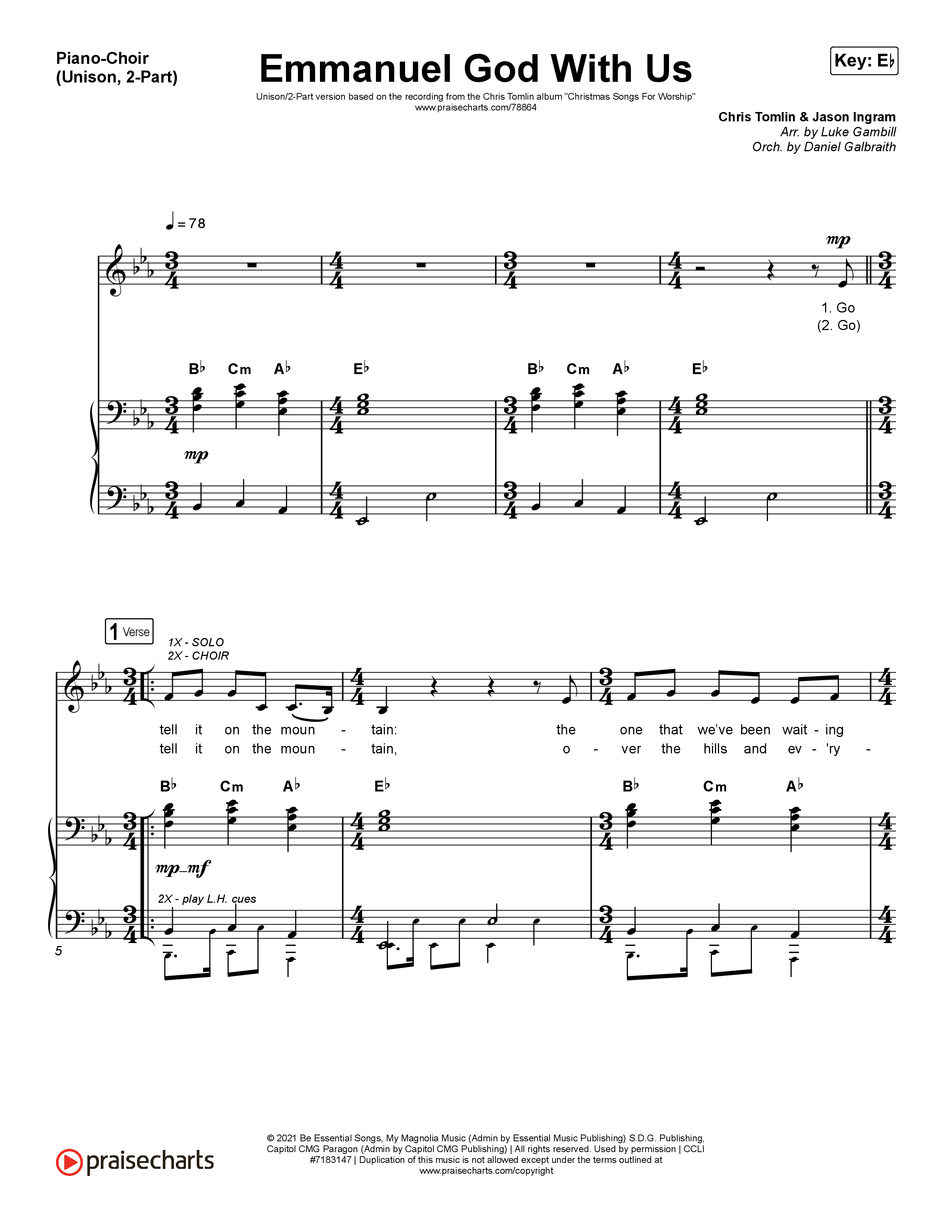 Emmanuel God With Us (Unison/2-Part Choir) Piano/Choir  (Uni/2-Part) (Chris Tomlin / Arr. Luke Gambill)