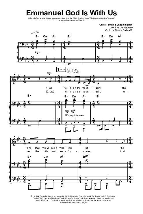 Emmanuel God With Us (Unison/2-Part Choir) Octavo (Uni/2-Part & Pno) (Chris Tomlin / Arr. Luke Gambill)