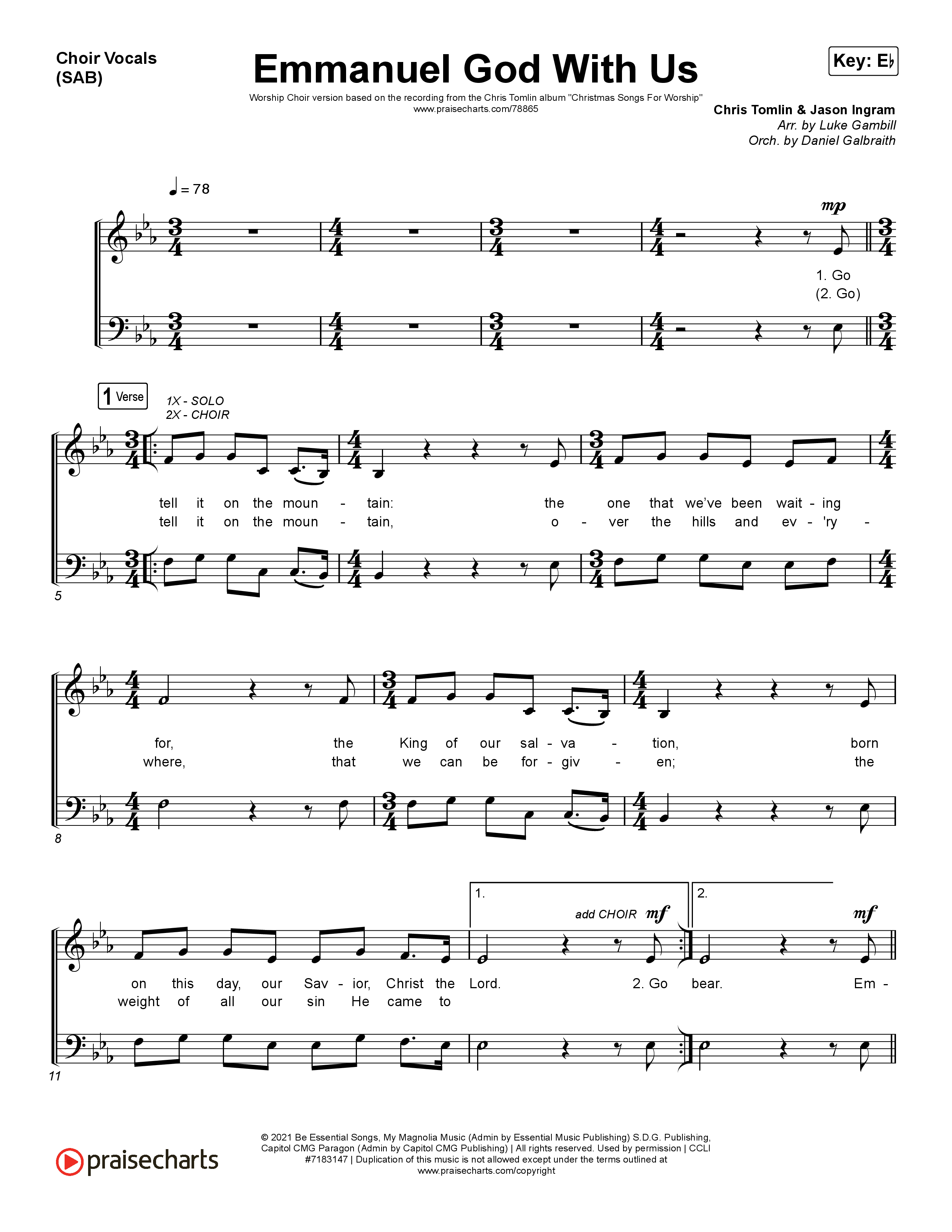 Emmanuel God With Us (Worship Choir SAB) Choir Sheet (SAB) (Chris Tomlin / Arr. Luke Gambill)