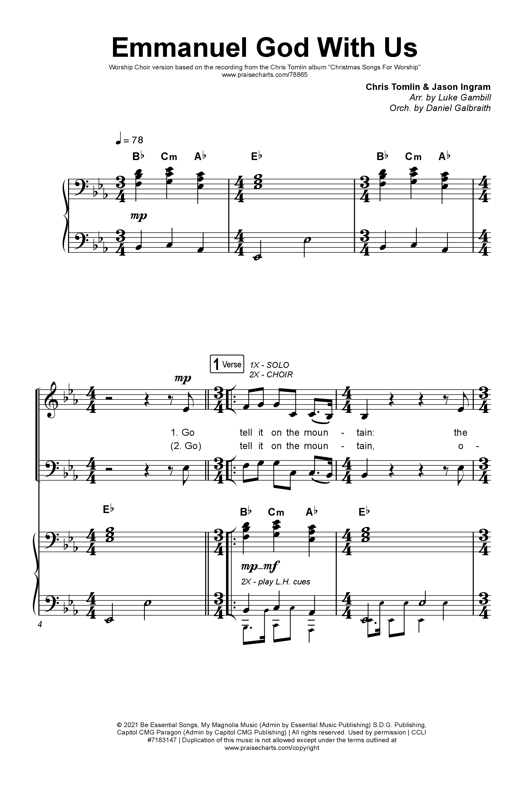 Emmanuel God With Us (Worship Choir SAB) Octavo (SAB & Pno) (Chris Tomlin / Arr. Luke Gambill)