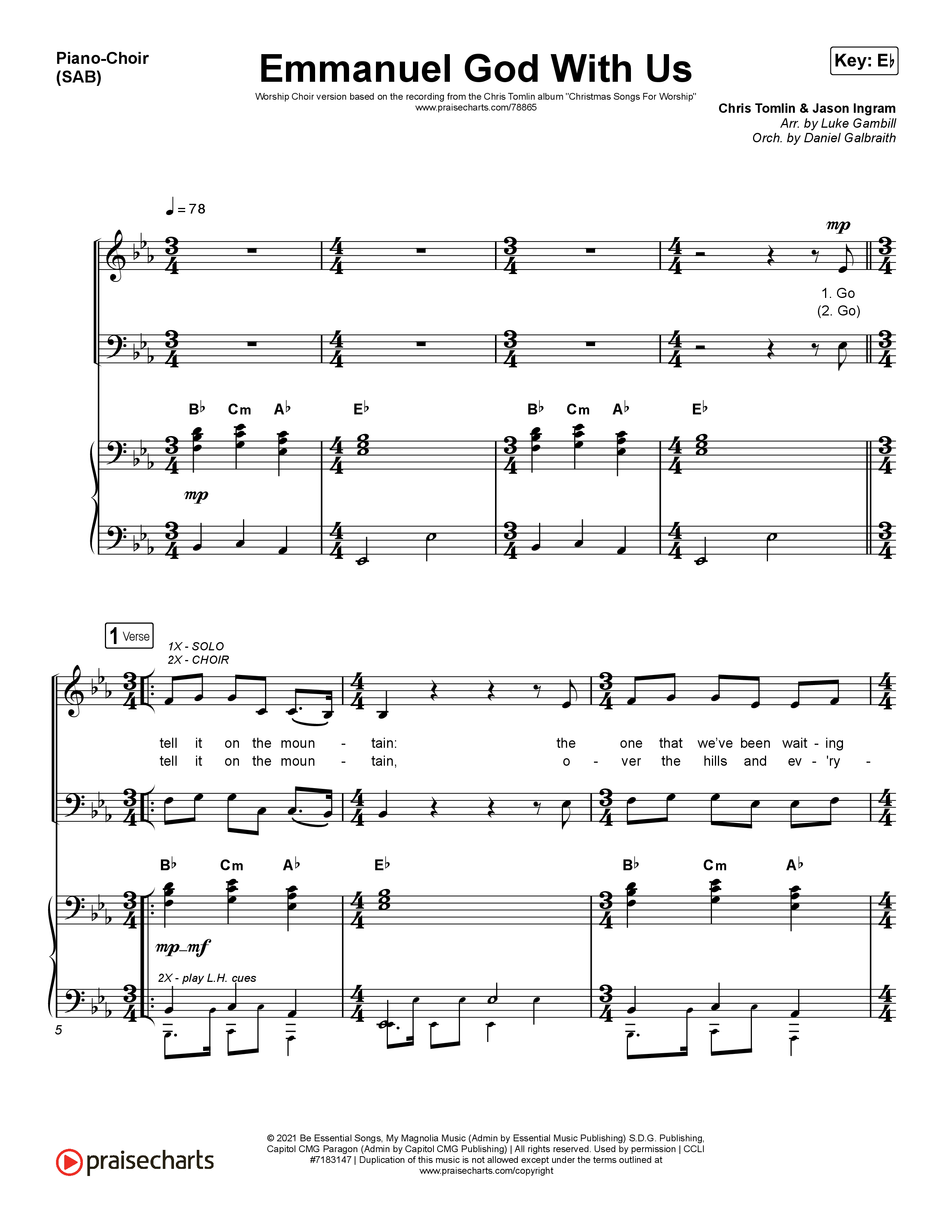 Emmanuel God With Us (Worship Choir SAB) Piano/Choir (SAB) (Chris Tomlin / Arr. Luke Gambill)