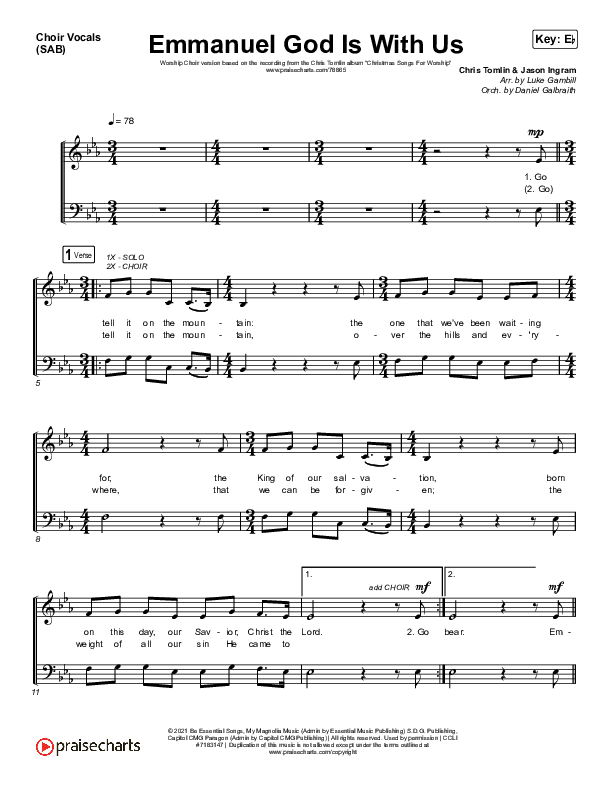 Emmanuel God With Us (Worship Choir SAB) Choir Sheet (SAB) (Chris Tomlin / Arr. Luke Gambill)