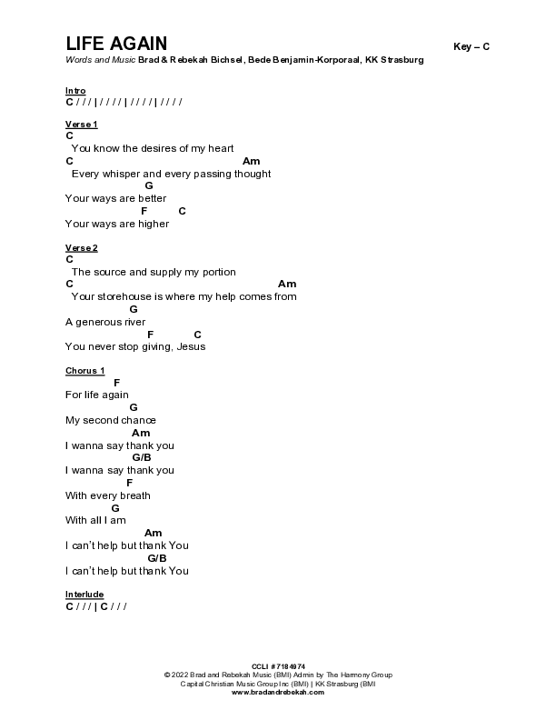 Life Again Chord Chart (Brad & Rebekah)