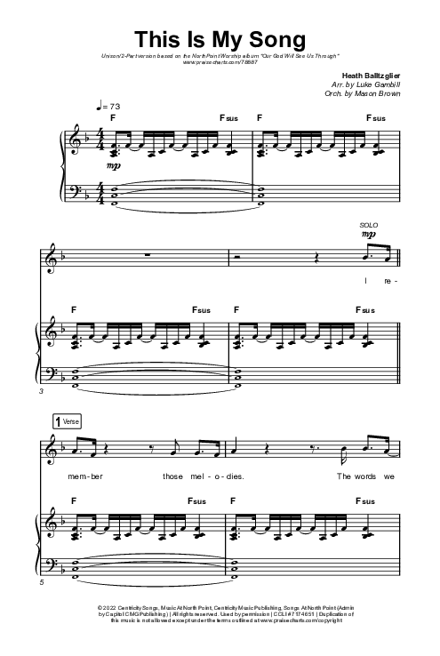 This Is My Song (Unison/2-Part Choir) Octavo (Uni/2-Part & Pno) (North Point Worship / Arr. Luke Gambill)