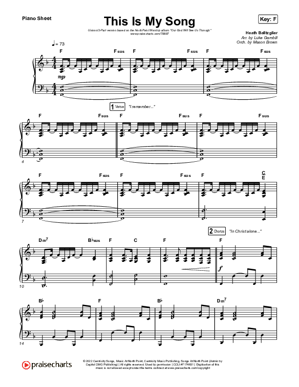This Is My Song (Unison/2-Part Choir) Piano Sheet (North Point Worship / Arr. Luke Gambill)