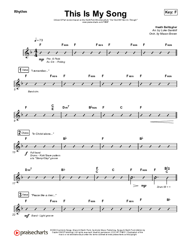 This Is My Song (Unison/2-Part Choir) Rhythm Chart (North Point Worship / Arr. Luke Gambill)