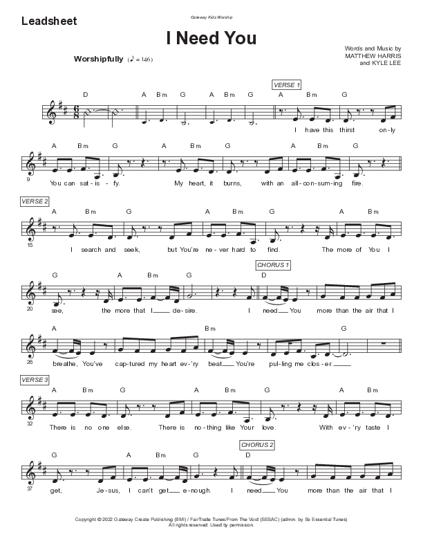 I Need You Lead Sheet Melody (Gateway Kids Worship / Jenna Raine)