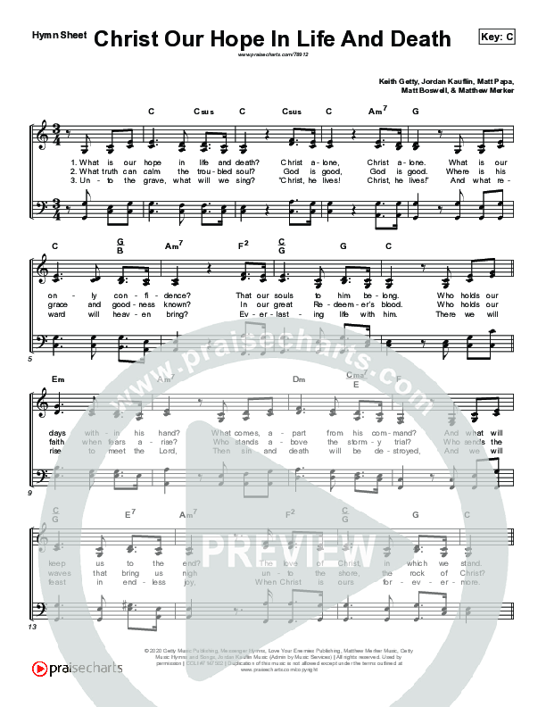 Christ Our Hope In Life And Death Hymn Sheet (Keith & Kristyn Getty / Michael W. Smith)