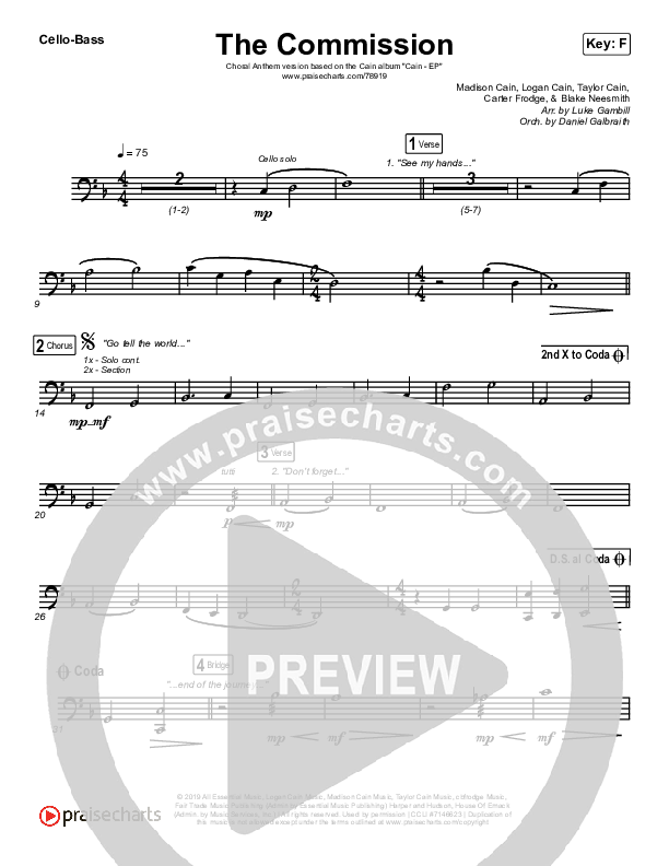 The Commission (Choral Anthem SATB) Cello/Bass (CAIN / Arr. Luke Gambill)