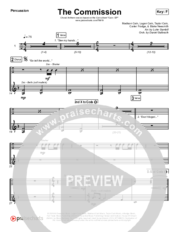 The Commission (Choral Anthem SATB) Percussion (CAIN / Arr. Luke Gambill)