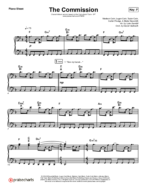 The Commission (Choral Anthem SATB) Piano Sheet (CAIN / Arr. Luke Gambill)