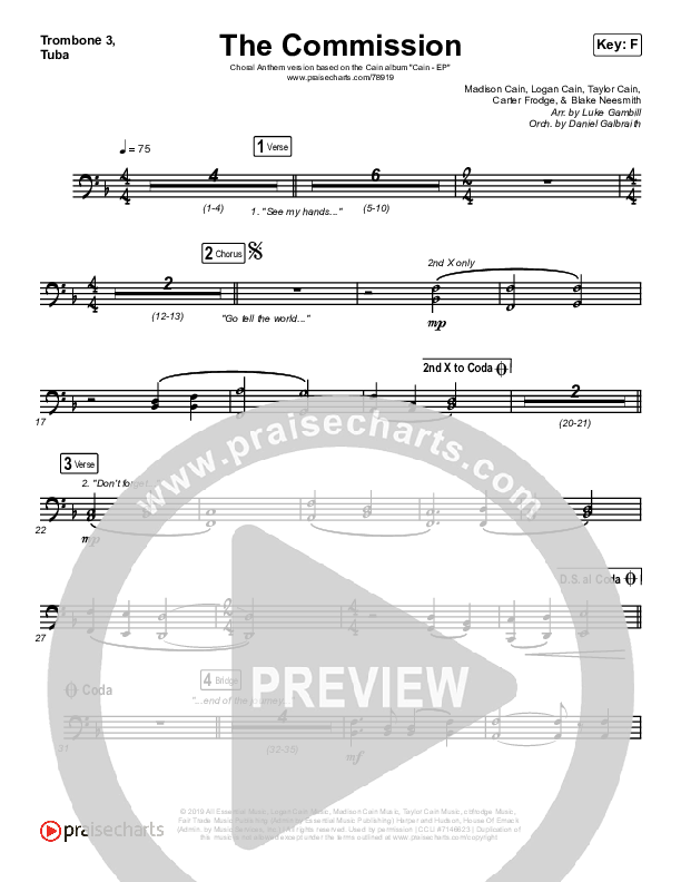 The Commission (Choral Anthem SATB) Trombone 3/Tuba (CAIN / Arr. Luke Gambill)