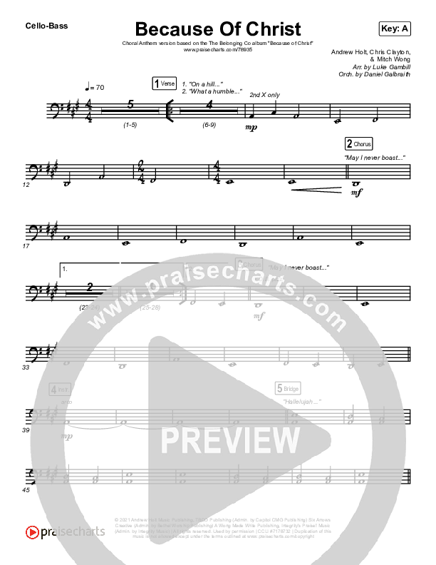 Because Of Christ (Choral Anthem SATB) Cello/Bass (The Belonging Co / Arr. Luke Gambill)