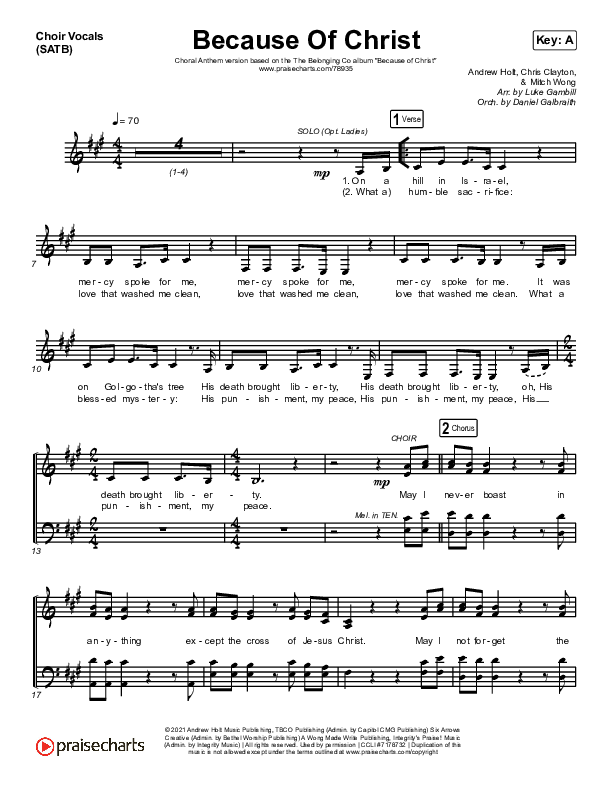 Because Of Christ (Choral Anthem SATB) Choir Sheet (SATB) (The Belonging Co / Arr. Luke Gambill)
