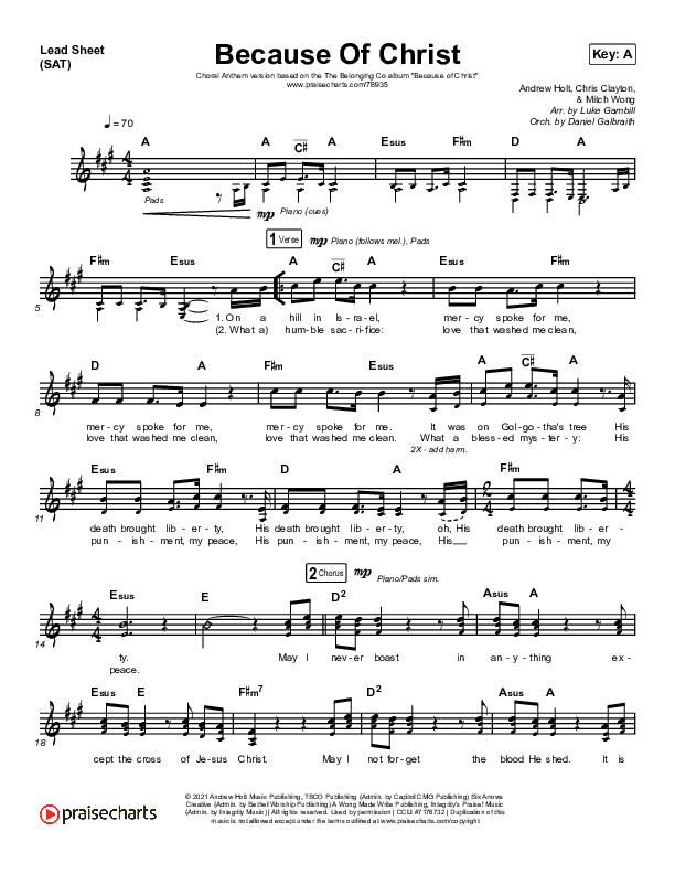 Because Of Christ (Choral Anthem SATB) Lead Sheet (SAT) (The Belonging Co / Arr. Luke Gambill)