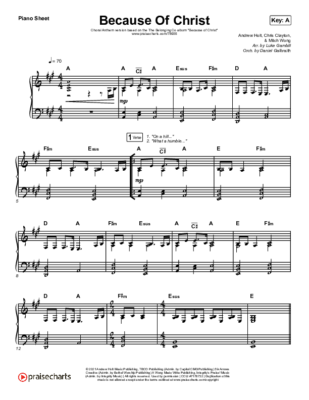 Because Of Christ (Choral Anthem SATB) Piano Sheet (The Belonging Co / Arr. Luke Gambill)