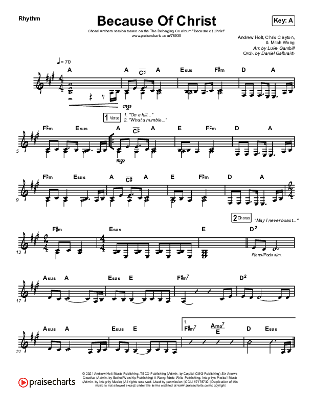 Because Of Christ (Choral Anthem SATB) Rhythm Chart (The Belonging Co / Arr. Luke Gambill)
