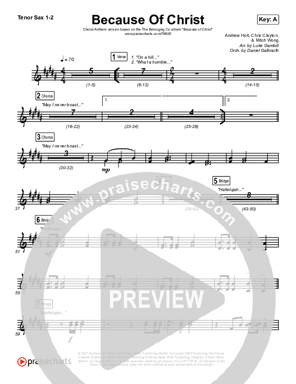 Because Of Christ (Choral Anthem SATB) Tenor Sax 1,2 (The Belonging Co / Arr. Luke Gambill)