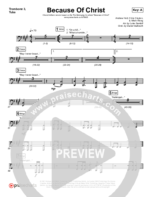 Because Of Christ (Choral Anthem SATB) Trombone 1,2 (The Belonging Co / Arr. Luke Gambill)