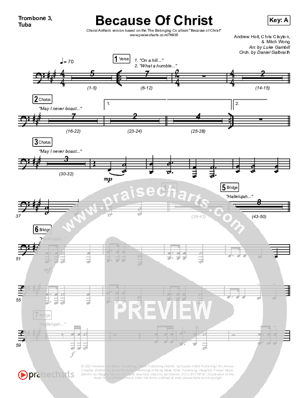 Because Of Christ (Choral Anthem SATB) Trombone 3/Tuba (The Belonging Co / Arr. Luke Gambill)