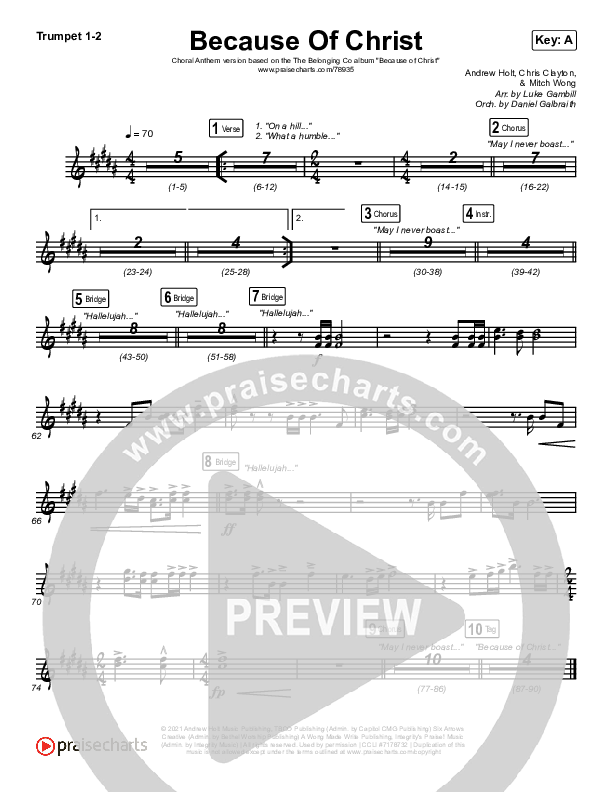 Because Of Christ (Choral Anthem SATB) Trumpet 1,2 (The Belonging Co / Arr. Luke Gambill)