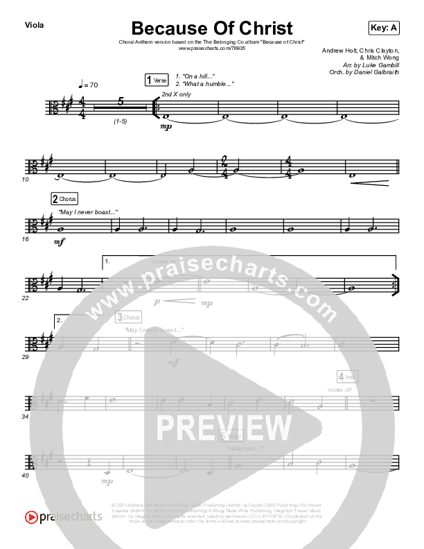 Because Of Christ (Choral Anthem SATB) Viola (The Belonging Co / Arr. Luke Gambill)