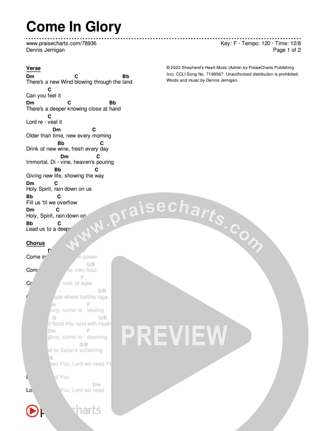 Come In Glory Chords & Lyrics (Dennis Jernigan)