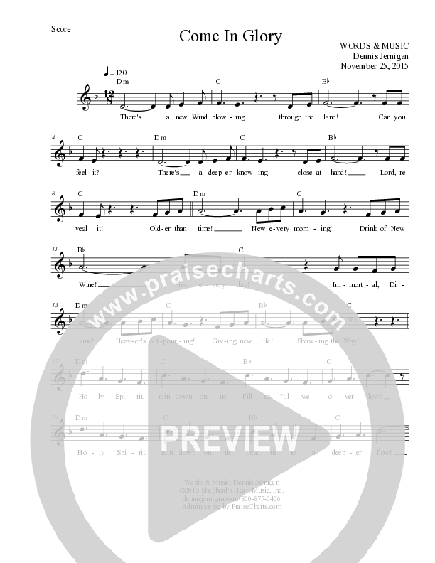 Come In Glory Lead Sheet (Melody) (Dennis Jernigan)