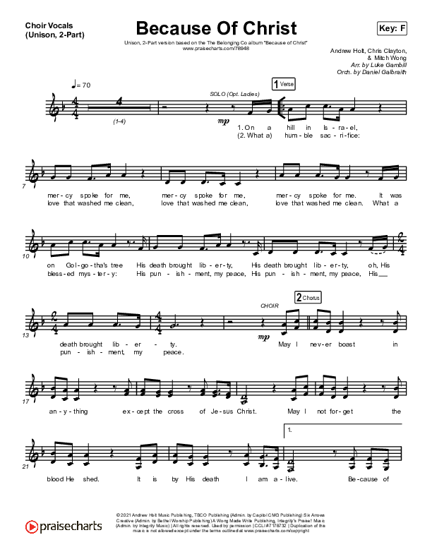 Because Of Christ (Unison/2-Part Choir) Choir Vocals (Uni/2-Part) (The Belonging Co / Arr. Luke Gambill)