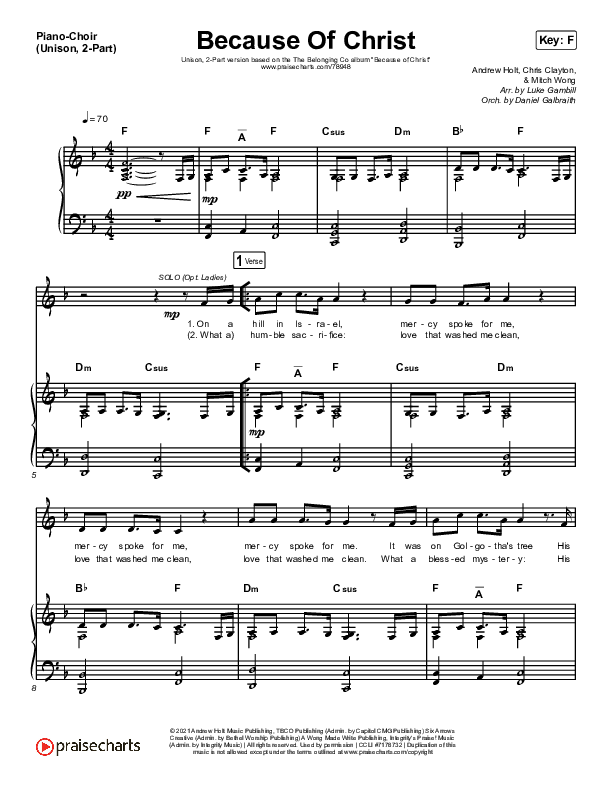 Because Of Christ (Unison/2-Part Choir) Piano/Choir  (Uni/2-Part) (The Belonging Co / Arr. Luke Gambill)