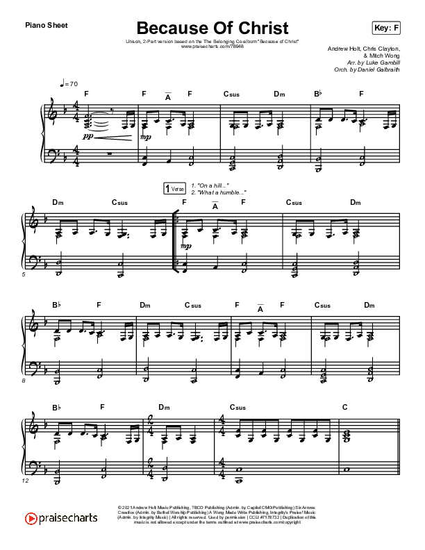 Because Of Christ (Unison/2-Part ST/AB) Piano Sheet (The Belonging Co / Arr. Luke Gambill)