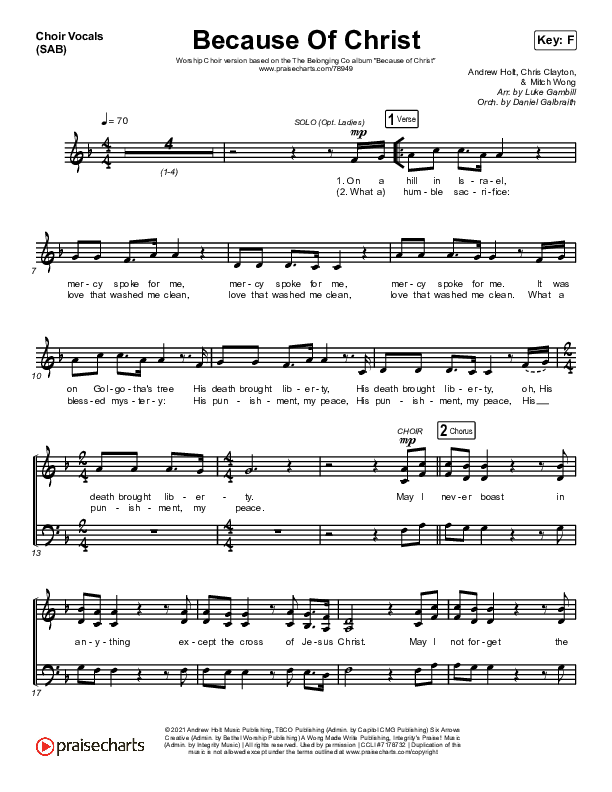 Because Of Christ (Worship Choir SAB) Choir Sheet (SAB) (The Belonging Co / Arr. Luke Gambill)