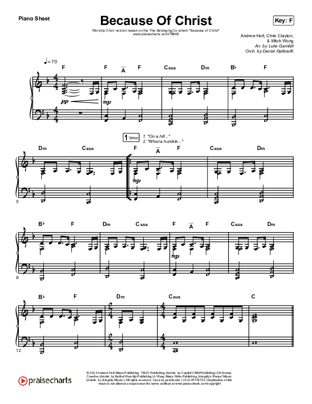Because Of Christ (Worship Choir SAB) Piano Sheet (The Belonging Co / Arr. Luke Gambill)