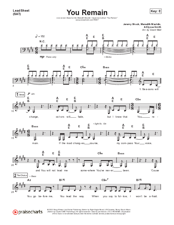 You Remain (Live) Lead Sheet (SAT) (Meredith Mauldin / UPPERROOM / Elyssa Smith)
