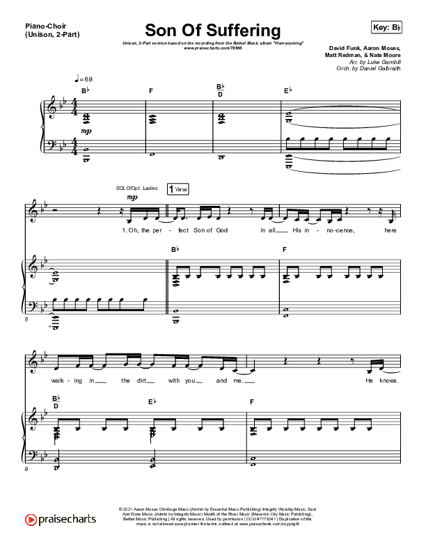 Son Of Suffering (Unison/2-Part Choir) Piano/Choir  (Uni/2-Part) (Bethel Music / David Funk / Matt Redman / Arr. Luke Gambill)