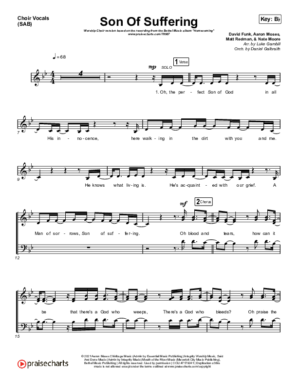 Son Of Suffering (Worship Choir SAB) Choir Sheet (SAB) (Bethel Music / David Funk / Matt Redman / Arr. Luke Gambill)