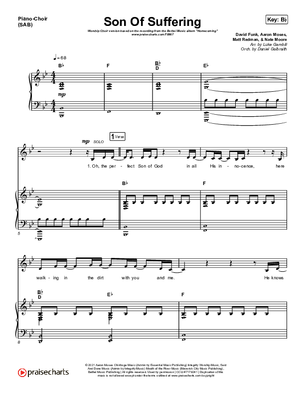 Son Of Suffering (Worship Choir SAB) Piano/Choir (SAB) (Bethel Music / David Funk / Matt Redman / Arr. Luke Gambill)