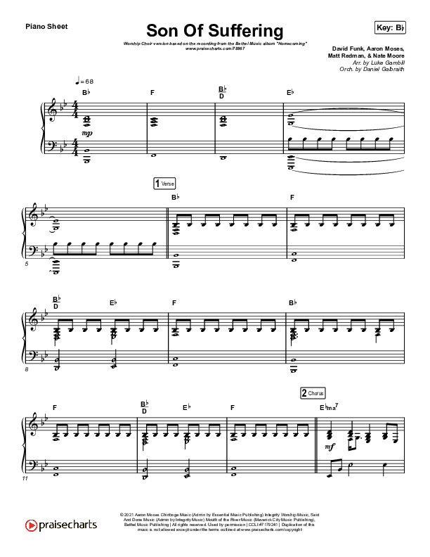 Son Of Suffering (Worship Choir SAB) Piano Sheet (Bethel Music / David Funk / Matt Redman / Arr. Luke Gambill)