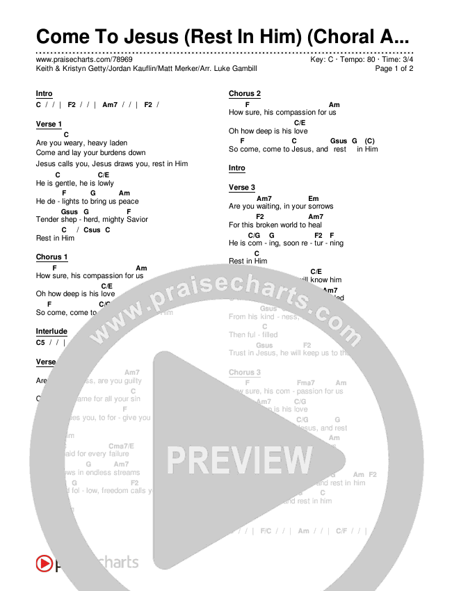 Come To Jesus (Rest In Him) (Choral Anthem SATB) Chords & Lyrics (Keith & Kristyn Getty / Jordan Kauflin / Matt Merker / Arr. Luke Gambill)