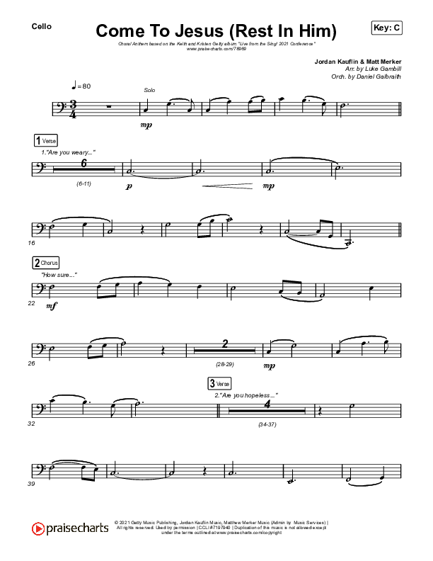 Come To Jesus (Rest In Him) (Choral Anthem SATB) Cello (Keith & Kristyn Getty / Jordan Kauflin / Matt Merker / Arr. Luke Gambill)
