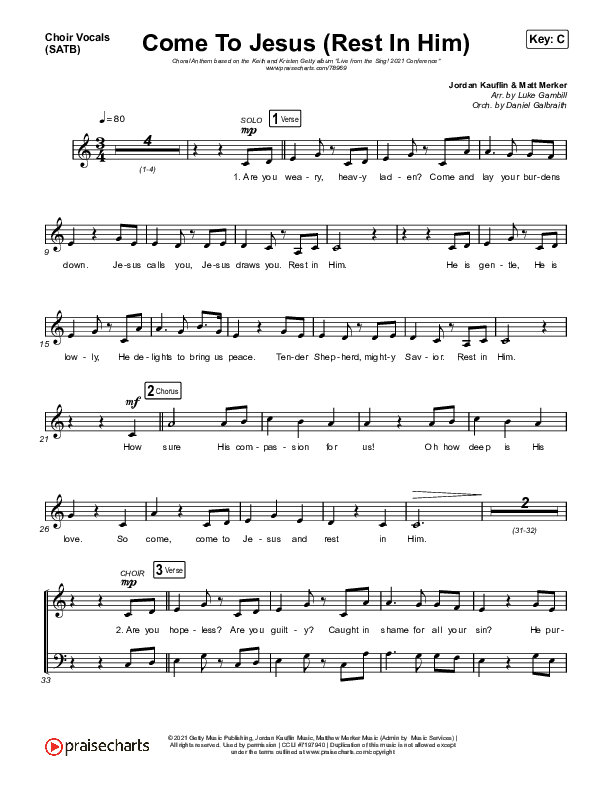 Come To Jesus (Rest In Him) (Choral Anthem SATB) Choir Sheet (SATB) (Keith & Kristyn Getty / Jordan Kauflin / Matt Merker / Arr. Luke Gambill)